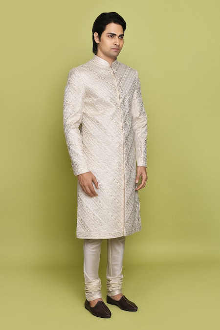 Shop_Arihant Rai Sinha_Cream Brocade, Denim Embroidery Thread Sherwani With Churidar 