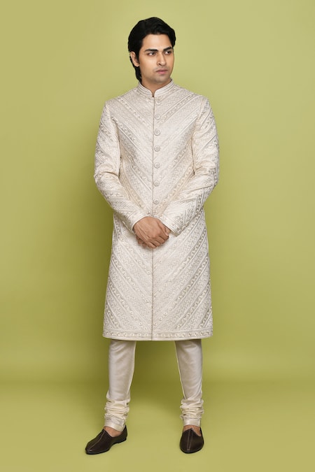 Arihant Rai Sinha_Cream Brocade Embroidery Thread Sherwani _Online_at_Aza_Fashions