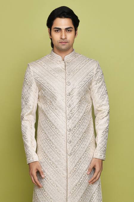 Shop_Arihant Rai Sinha_Cream Brocade Embroidery Thread Sherwani _Online_at_Aza_Fashions