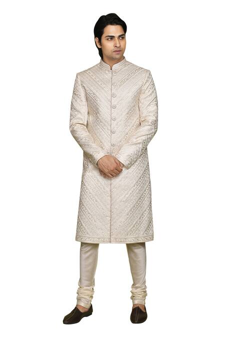 Shop_Arihant Rai Sinha_Cream Brocade Embroidery Thread Sherwani 