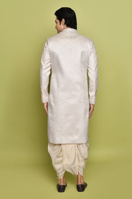 Shop Arihant Rai Sinha Cream Brocade, Silk Embroidery Thread Sherwani With Dhoti at Aza Fashions Shop_Arihant Rai Sinha_Cream Brocade, Silk Embroidery Thread Sherwani With Dhoti _at_Aza_Fashions