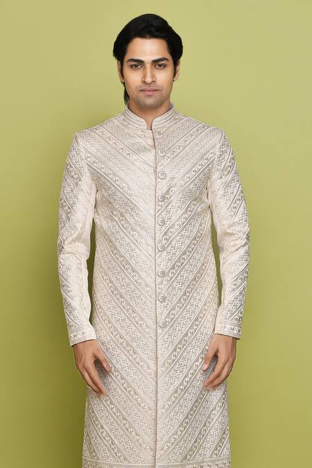 Buy Arihant Rai Sinha Cream Brocade, Silk Embroidery Thread Sherwani With Dhoti Online at Aza Fashions Buy_Arihant Rai Sinha_Cream Brocade, Silk Embroidery Thread Sherwani With Dhoti _Online_at_Aza_Fashions