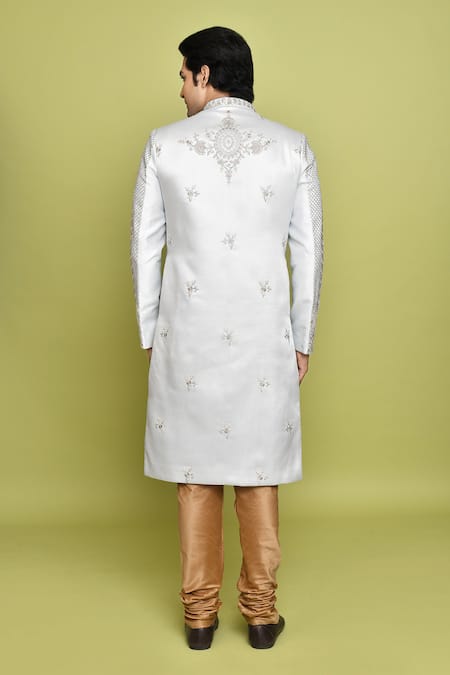 Shop Arihant Rai Sinha Grey Silk, Brocade Embroidery Floral Thread Sherwani With Churidar at Aza Fashions Shop_Arihant Rai Sinha_Grey Silk, Brocade Embroidery Floral Thread Sherwani With Churidar _at_Aza_Fashions