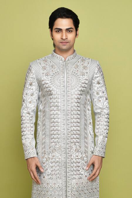 Shop Arihant Rai Sinha Grey Silk, Brocade Embroidery Floral Thread Sherwani With Churidar Online at Aza Fashions Shop_Arihant Rai Sinha_Grey Silk, Brocade Embroidery Floral Thread Sherwani With Churidar _Online_at_Aza_Fashions