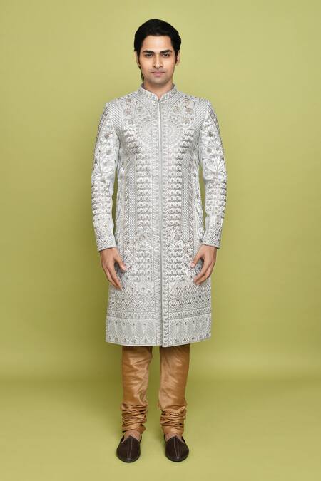 Arihant Rai Sinha Grey Silk, Brocade Embroidery Floral Thread Sherwani With Churidar at Aza Fashions Arihant Rai Sinha_Grey Silk, Brocade Embroidery Floral Thread Sherwani With Churidar _at_Aza_Fashions