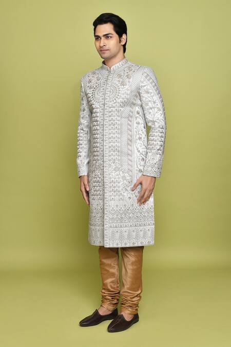 Buy Arihant Rai Sinha Grey Silk, Brocade Embroidery Floral Thread Sherwani With Churidar Buy_Arihant Rai Sinha_Grey Silk, Brocade Embroidery Floral Thread Sherwani With Churidar