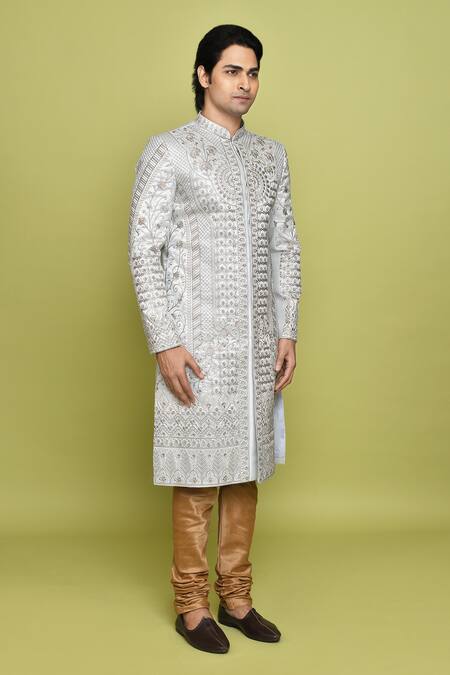 Shop Arihant Rai Sinha Grey Silk, Brocade Embroidery Floral Thread Sherwani With Churidar Shop_Arihant Rai Sinha_Grey Silk, Brocade Embroidery Floral Thread Sherwani With Churidar