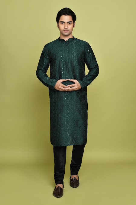 Arihant Rai Sinha_Green Silk Sequins Embroidered Kurta_Online_at_Aza_Fashions