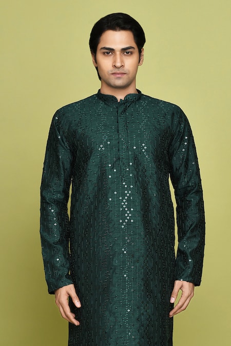 Shop_Arihant Rai Sinha_Green Silk Sequins Embroidered Kurta_Online_at_Aza_Fashions