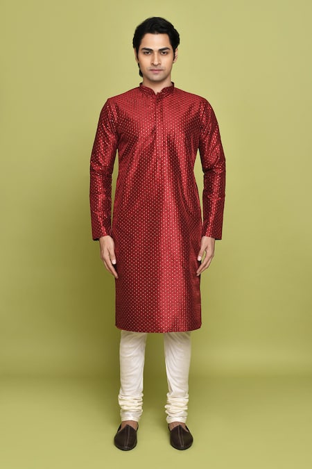 Shop_Arihant Rai Sinha_Cream Silk, Chanderi Embroidery Tikki Kurta With Churidar _Online_at_Aza_Fashions