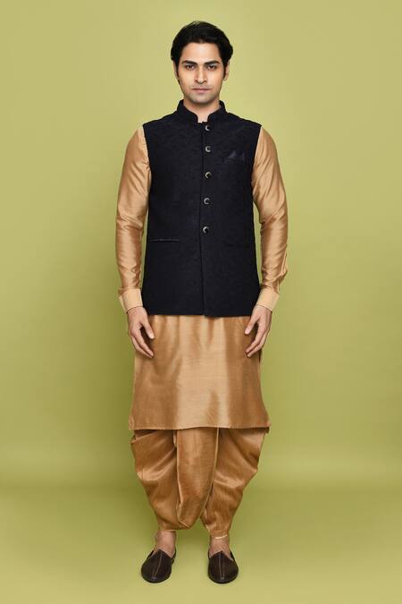 Buy_Arihant Rai Sinha_Blue Velvet, Silk Embroidery Abstract Bundi Kurta Set_Online_at_Aza_Fashions