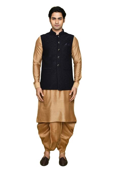 Shop_Arihant Rai Sinha_Blue Velvet, Silk Embroidery Abstract Bundi Kurta Set_Online_at_Aza_Fashions