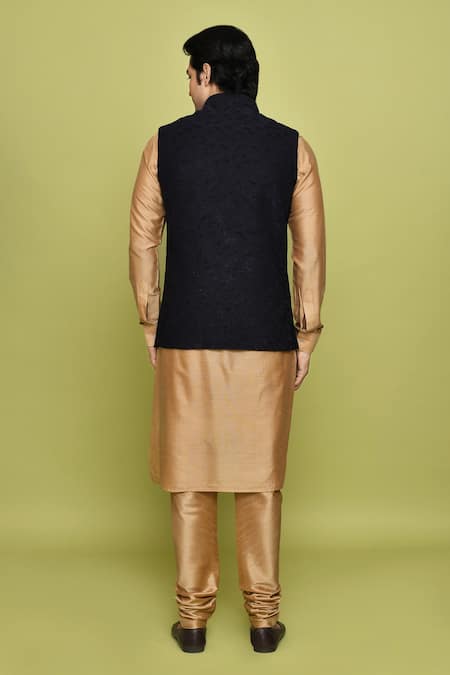Shop Arihant Rai Sinha Black Velvet, Silk Bundi With Beige Kurta at Aza Fashions Shop_Arihant Rai Sinha_Black Velvet, Silk Bundi With Beige Kurta _at_Aza_Fashions