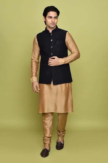 Arihant Rai Sinha Black Velvet, Silk Bundi With Beige Kurta Online at Aza Fashions Arihant Rai Sinha_Black Velvet, Silk Bundi With Beige Kurta _Online_at_Aza_Fashions