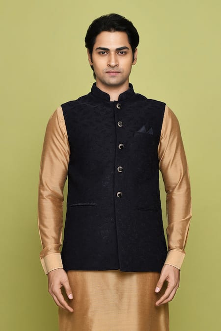 Buy Arihant Rai Sinha Black Velvet, Silk Bundi With Beige Kurta Buy_Arihant Rai Sinha_Black Velvet, Silk Bundi With Beige Kurta