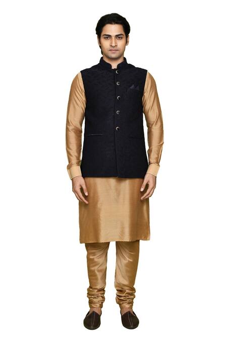 Shop Arihant Rai Sinha Black Velvet, Silk Bundi With Beige Kurta Shop_Arihant Rai Sinha_Black Velvet, Silk Bundi With Beige Kurta