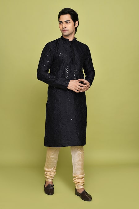 Arihant Rai Sinha_Blue Silk Sequins, Embroidery Stripe Kurta _Online_at_Aza_Fashions