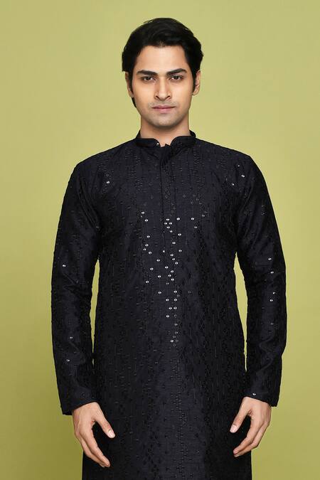 Shop_Arihant Rai Sinha_Blue Silk Sequins, Embroidery Stripe Kurta _Online_at_Aza_Fashions