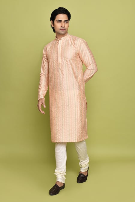 Aryavir Malhotra Peach Dupion Art Silk Embroidered Thread Foliage Kurta With Churidar For Kids