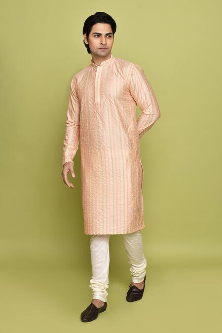 Arihant Rai Sinha Peach Silk Embroidery Foliage Kurta Online at Aza Fashions Arihant Rai Sinha_Peach Silk Embroidery Foliage Kurta _Online_at_Aza_Fashions