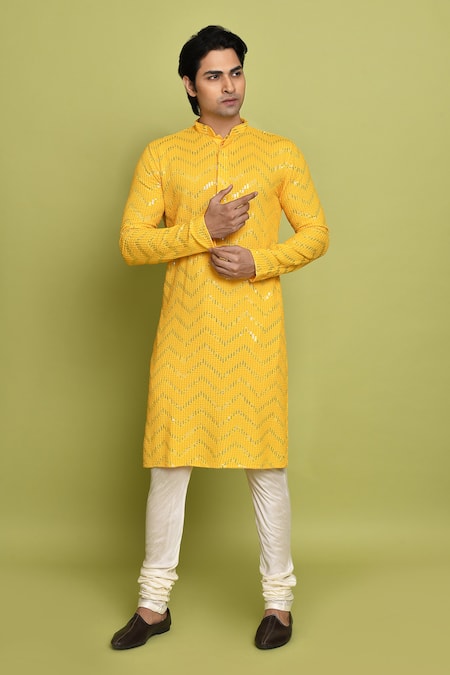 Aryavir Malhotra Yellow Churidar Dupion Art Silk Embellished Chevron Embroidered Kurta With