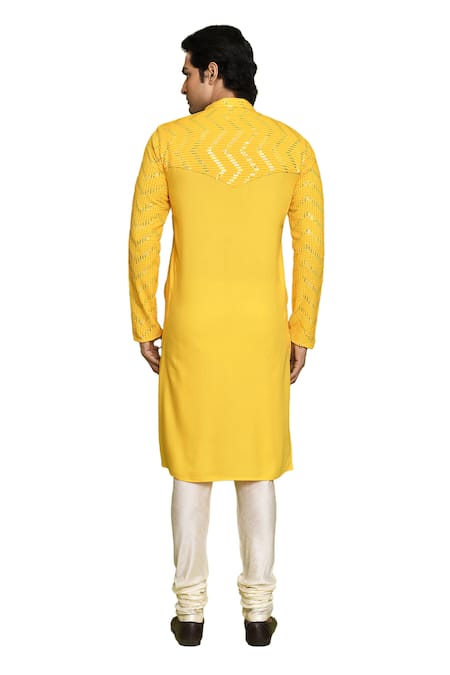Arihant Rai Sinha_Yellow Rayon, Silk, Sequins, Chevron Kurta With Churidar _Online_at_Aza_Fashions