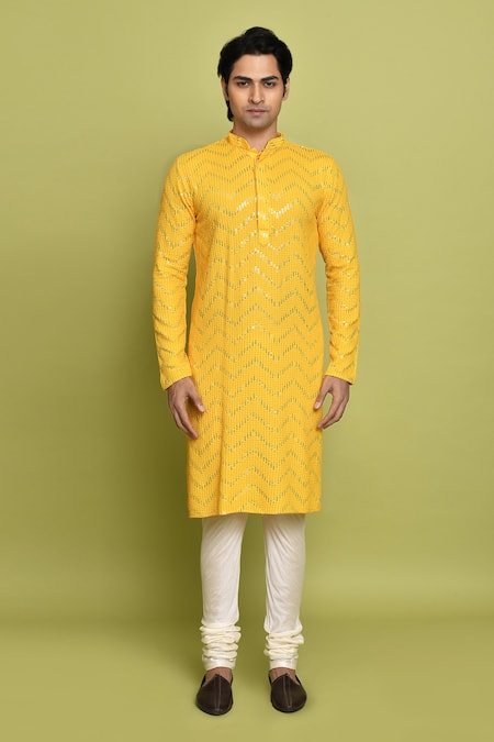 Buy_Arihant Rai Sinha_Yellow Rayon, Silk, Sequins, Chevron Kurta With Churidar _Online_at_Aza_Fashions