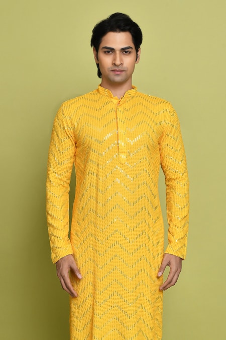 Shop_Arihant Rai Sinha_Yellow Rayon, Silk, Sequins, Chevron Kurta With Churidar _Online_at_Aza_Fashions