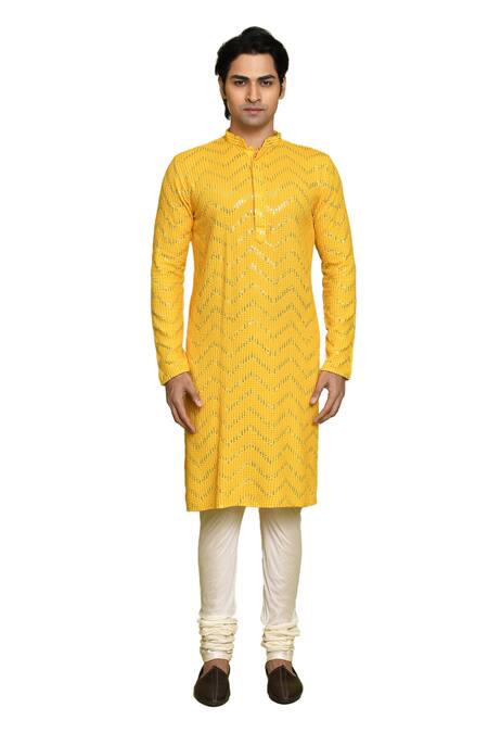 Arihant Rai Sinha_Yellow Rayon, Silk, Sequins, Chevron Kurta With Churidar _at_Aza_Fashions