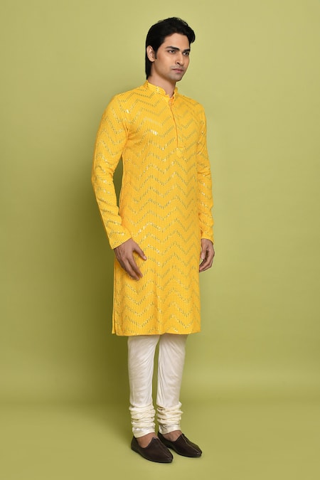 Buy_Arihant Rai Sinha_Yellow Rayon, Silk, Sequins, Chevron Kurta With Churidar 