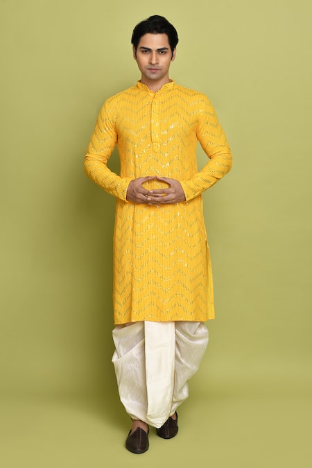 Aryavir Malhotra Yellow Dhoti Pant Dupion Art Silk Embellished Chevron Embroidered Kurta With 