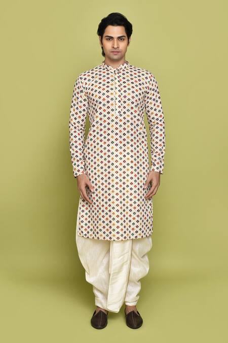 Shop Arihant Rai Sinha White Cotton, Silk Embroidery Floral Jaal Pattern Kurta With Dhoti Pant Online at Aza Fashions Shop_Arihant Rai Sinha_White Cotton, Silk Embroidery Floral Jaal Pattern Kurta With Dhoti Pant _Online_at_Aza_Fashions