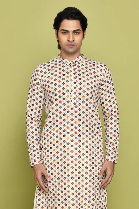 Arihant Rai Sinha White Cotton, Silk Embroidery Floral Jaal Pattern Kurta With Dhoti Pant at Aza Fashions Arihant Rai Sinha_White Cotton, Silk Embroidery Floral Jaal Pattern Kurta With Dhoti Pant _at_Aza_Fashions