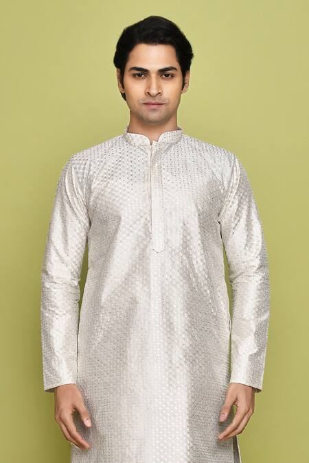 Shop Arihant Rai Sinha White Silk Sequins, Embroidery Thread Kurta With Dhoti Pant Online at Aza Fashions Shop_Arihant Rai Sinha_White Silk Sequins, Embroidery Thread Kurta With Dhoti Pant _Online_at_Aza_Fashions
