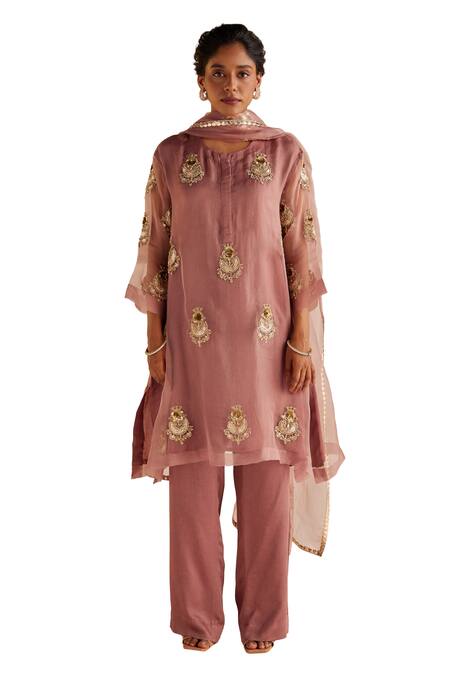 Buy_Esha Arora_Pink Organza, Silk Embroidery Round Neck Zardozi Kurta Pant Set _Online_at_Aza_Fashions