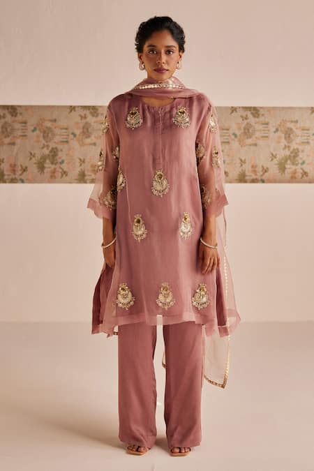 Shop_Esha Arora_Pink Organza, Silk Embroidery Round Neck Zardozi Kurta Pant Set _Online_at_Aza_Fashions