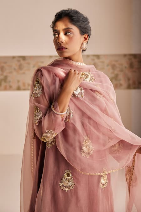 Shop_Esha Arora_Pink Organza, Silk Embroidery Round Neck Zardozi Kurta Pant Set 