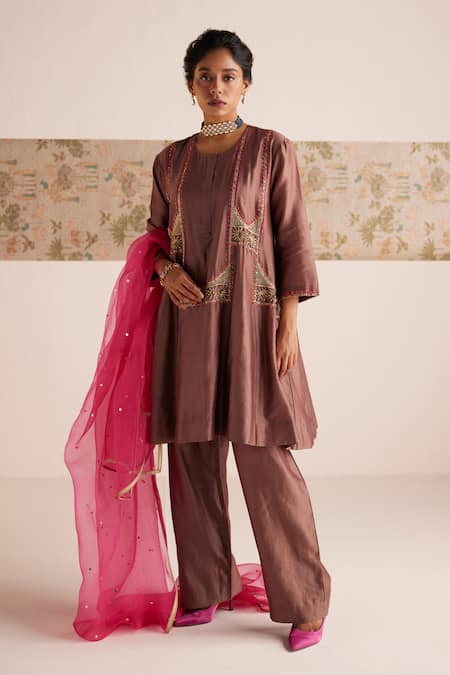 Esha Arora_Brown Chanderi Silk, Linen, Organza Embroidery Round Zardozi Anarkali Pant Set _Online_at_Aza_Fashions