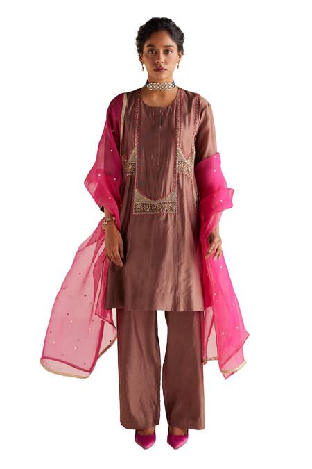 Buy_Esha Arora_Brown Chanderi Silk, Linen, Organza Embroidery Round Zardozi Anarkali Pant Set _Online_at_Aza_Fashions