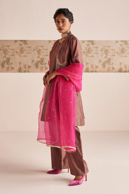 Shop_Esha Arora_Brown Chanderi Silk, Linen, Organza Embroidery Round Zardozi Anarkali Pant Set _Online_at_Aza_Fashions