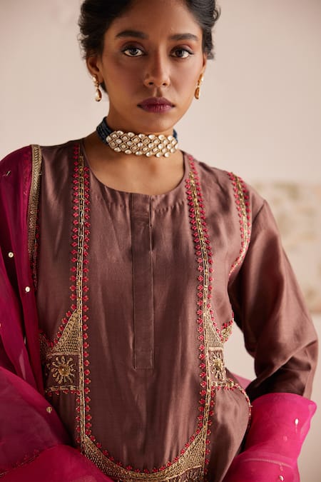 Esha Arora_Brown Chanderi Silk, Linen, Organza Embroidery Round Zardozi Anarkali Pant Set _at_Aza_Fashions