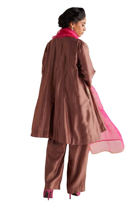 Buy_Esha Arora_Brown Chanderi Silk, Linen, Organza Embroidery Round Zardozi Anarkali Pant Set 