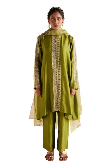Buy_Esha Arora_Green Chanderi Silk, Organza Embroidery Round Stripe Zardozi Kurta Pant Set 