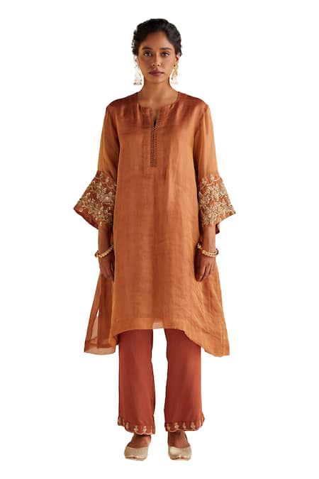 Buy Esha Arora Orange Organza, Cotton Satin, Linen Embroidery Zardozi Sleeves Kurta Pant Set Online at Aza Fashions Buy_Esha Arora_Orange Organza, Cotton Satin, Linen Embroidery Zardozi Sleeves Kurta Pant Set _Online_at_Aza_Fashions
