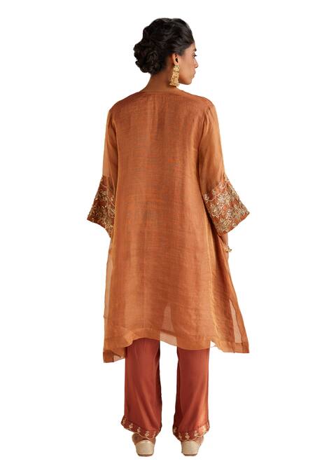Buy Esha Arora Orange Organza, Cotton Satin, Linen Embroidery Zardozi Sleeves Kurta Pant Set Buy_Esha Arora_Orange Organza, Cotton Satin, Linen Embroidery Zardozi Sleeves Kurta Pant Set