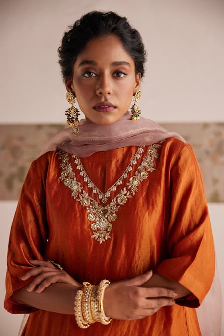Esha Arora Orange Cotton Satin, Chanderi, Organza Zardozi Bodice Kurta Salwar Set Online at Aza Fashions Esha Arora_Orange Cotton Satin, Chanderi, Organza Zardozi Bodice Kurta Salwar Set _Online_at_Aza_Fashions