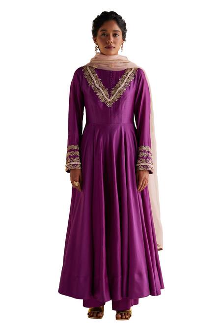 Esha Arora_Purple Chanderi Silk, Linen, Zardozi Embroidered Bodice Anarkali Pant Set _Online_at_Aza_Fashions