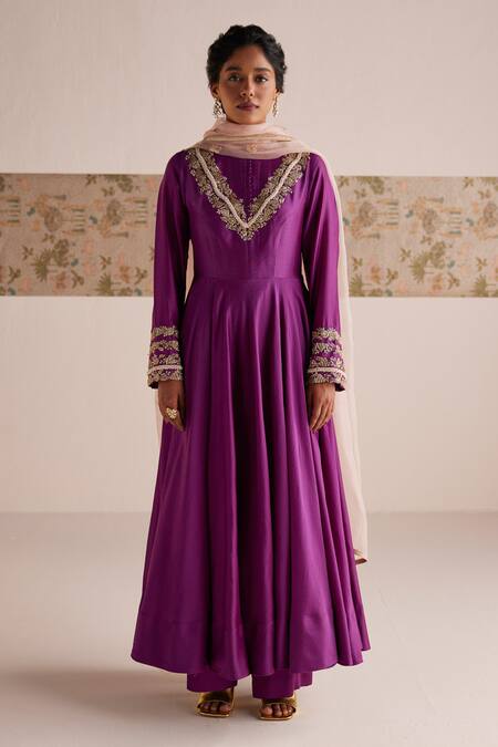 Buy_Esha Arora_Purple Chanderi Silk, Linen, Zardozi Embroidered Bodice Anarkali Pant Set _Online_at_Aza_Fashions