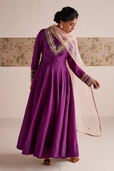 Shop_Esha Arora_Purple Chanderi Silk, Linen, Zardozi Embroidered Bodice Anarkali Pant Set _Online_at_Aza_Fashions
