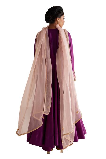 Esha Arora_Purple Chanderi Silk, Linen, Zardozi Embroidered Bodice Anarkali Pant Set _at_Aza_Fashions